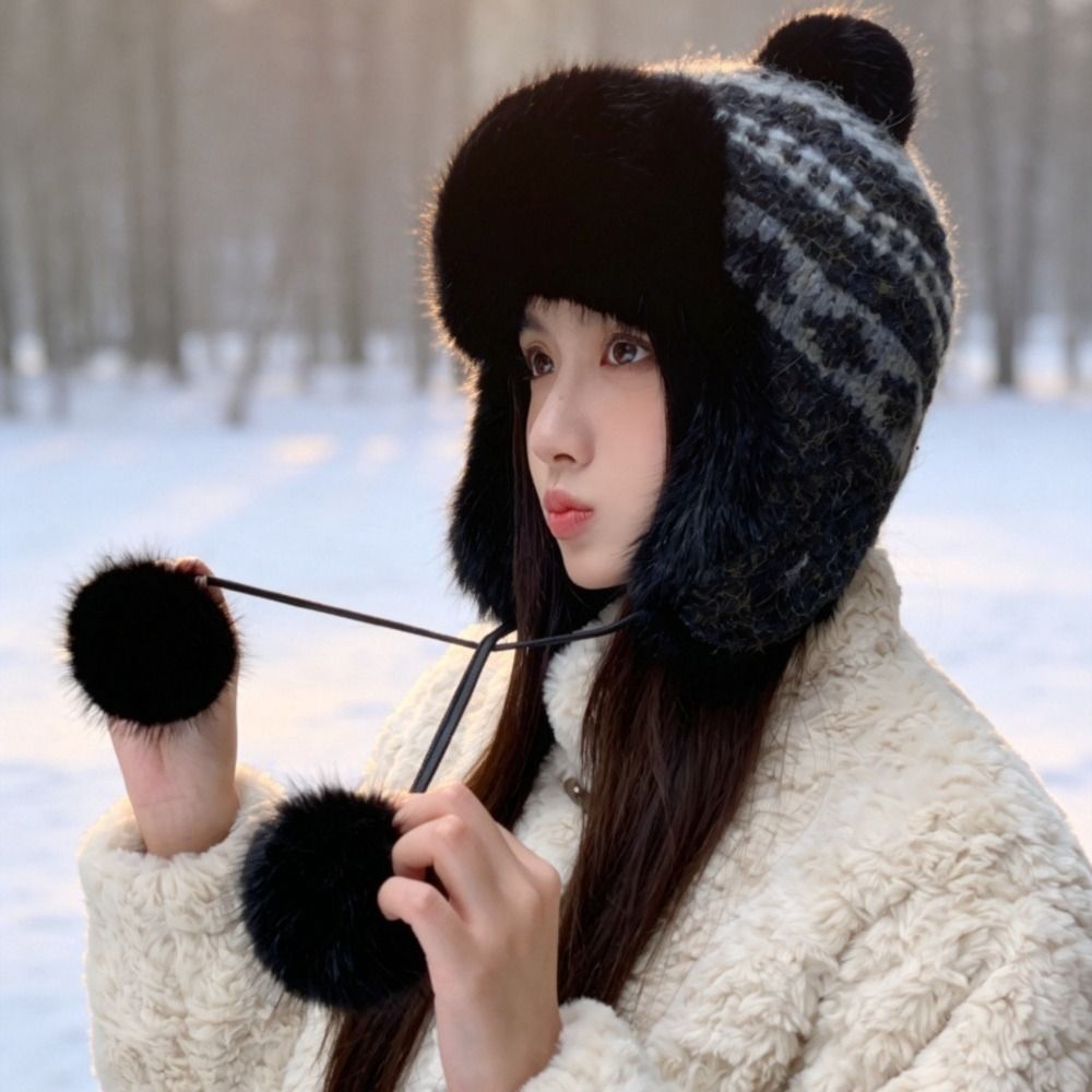Winter Trapper Hat - Stylish Polyester Knitted Trapper Hat Pom